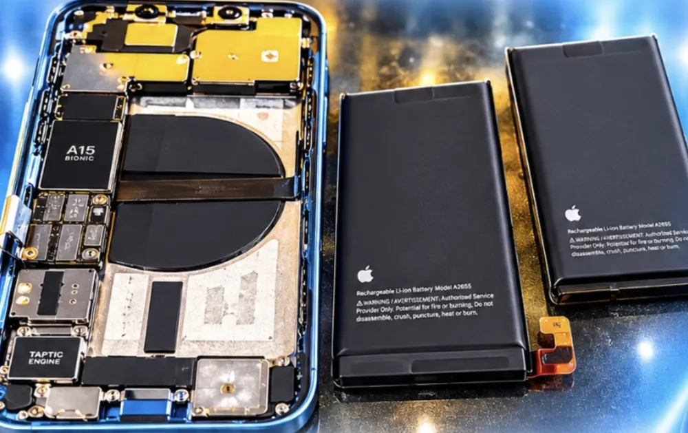 iPhone 13 opened up on the bench next to two replacement batteries